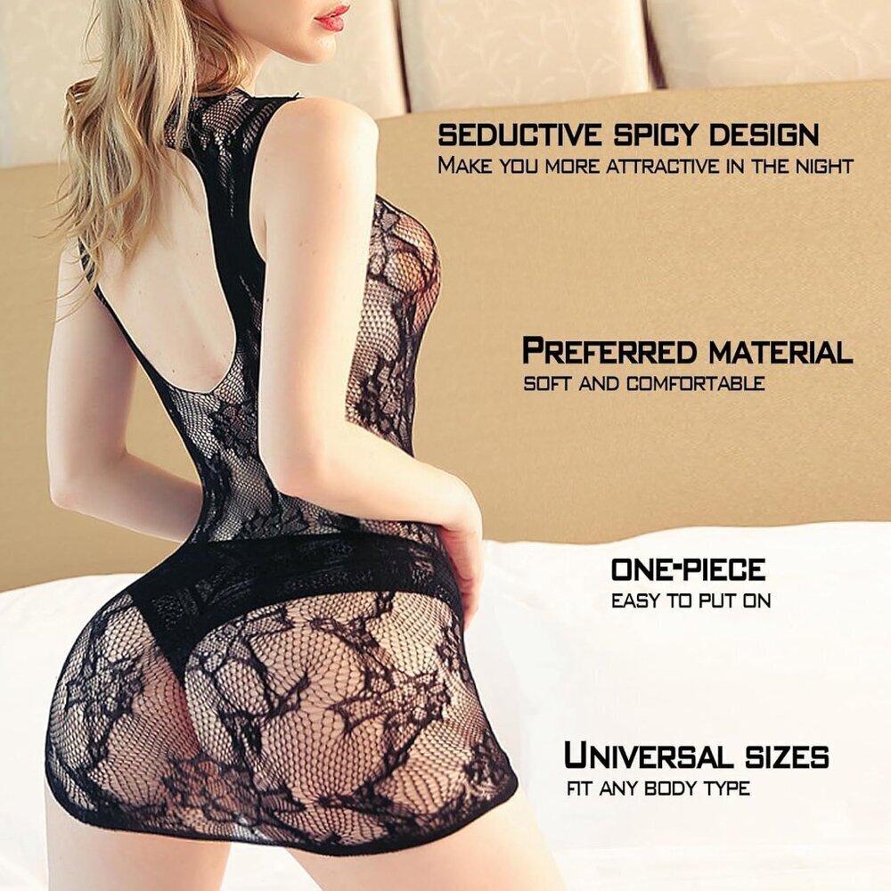 WOMEN'S Black Sexy Naughty Fishnet Teddy Bodysuit Lingerie Set Babydoll Outfits - Picture 3 of 7